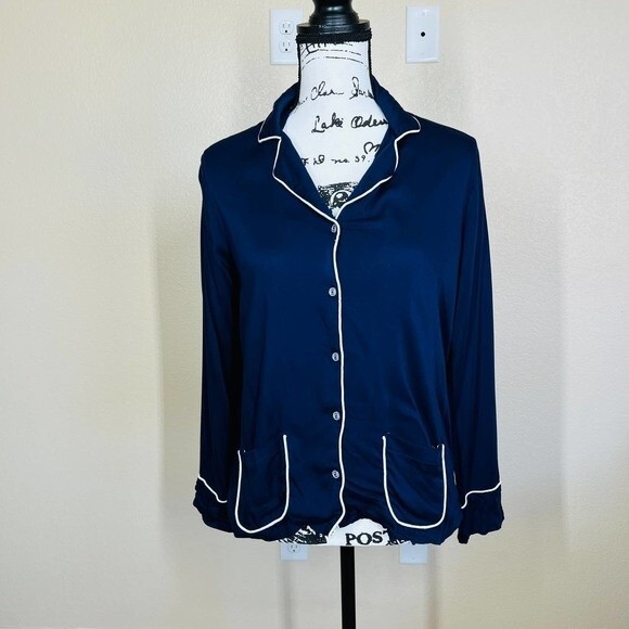 Splendid Navy top women button up shirt Long sleeve Piped Woven PJ size S sleep - Picture 7 of 13